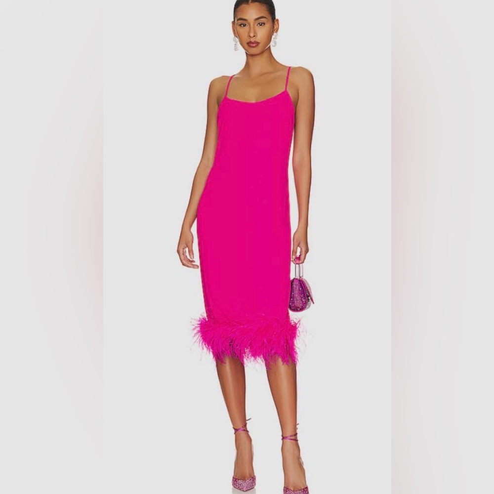 Amanda Uprichard Fuchsia Feather-Trim Slip Midi Dress